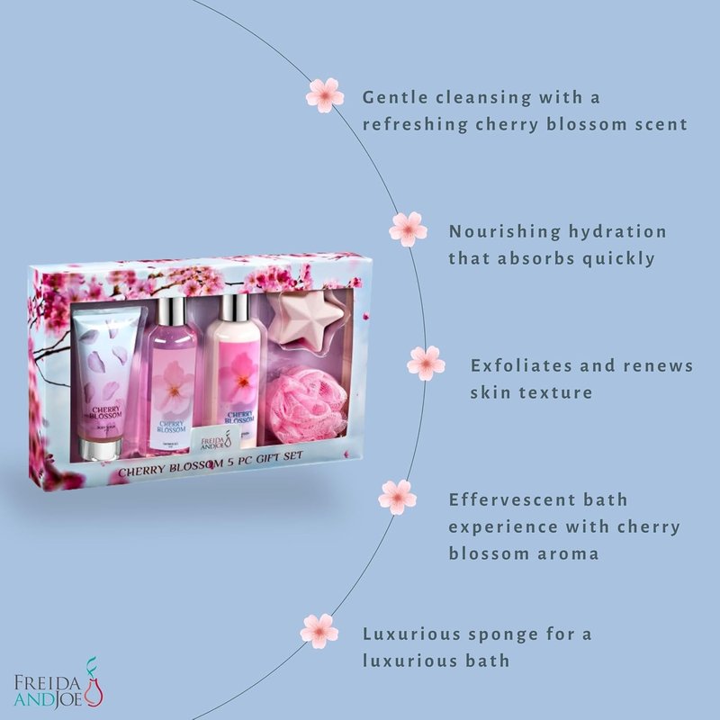 Fragrance Bath & Body Collection Gift Box - Shower Gel, Lotion, Scrub & Bath Bomb | Blue Cherry Blossom