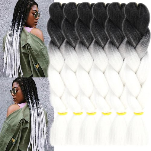 TENGSHUO FLY Black to White Braiding Hair 6 Packs Synthetic Braid Hair Extensions Jumbo Ombre Braiding Hair 24 Inch or Box Braids Twist Crochet Braids(24"6Pack,Black to White)