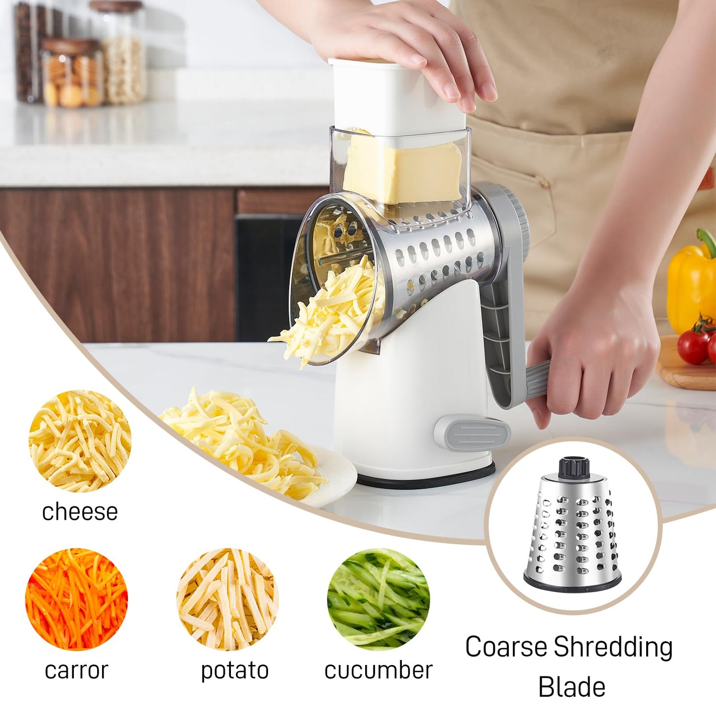Weltonhm Rotary Cheese Grater with 4 Blades, Hand Crank Cheese Grater with Waffle Slicer, Black and White Cheese Slicer with Suction Base, Easier for Shredding& Grating (White and Grey, 4 Graters)