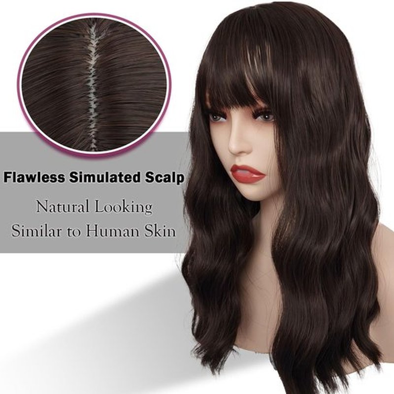 curldiva Brown Wavy Bob Wigs with Bangs 16inch Natural Brown Curly Wig Middle Part Simulated Scalp Heat Resistant Synthetic Hair for Daily Wearing