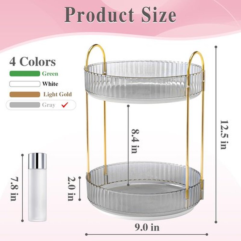 Megapuxin Rotating Makeup Organizer for Vanity,Large Perfume Organizers Skincare Make Up Storage Cosmetic Dresser Organizer Countertop Organizer with Hooks DIY Stickers for Bathroom