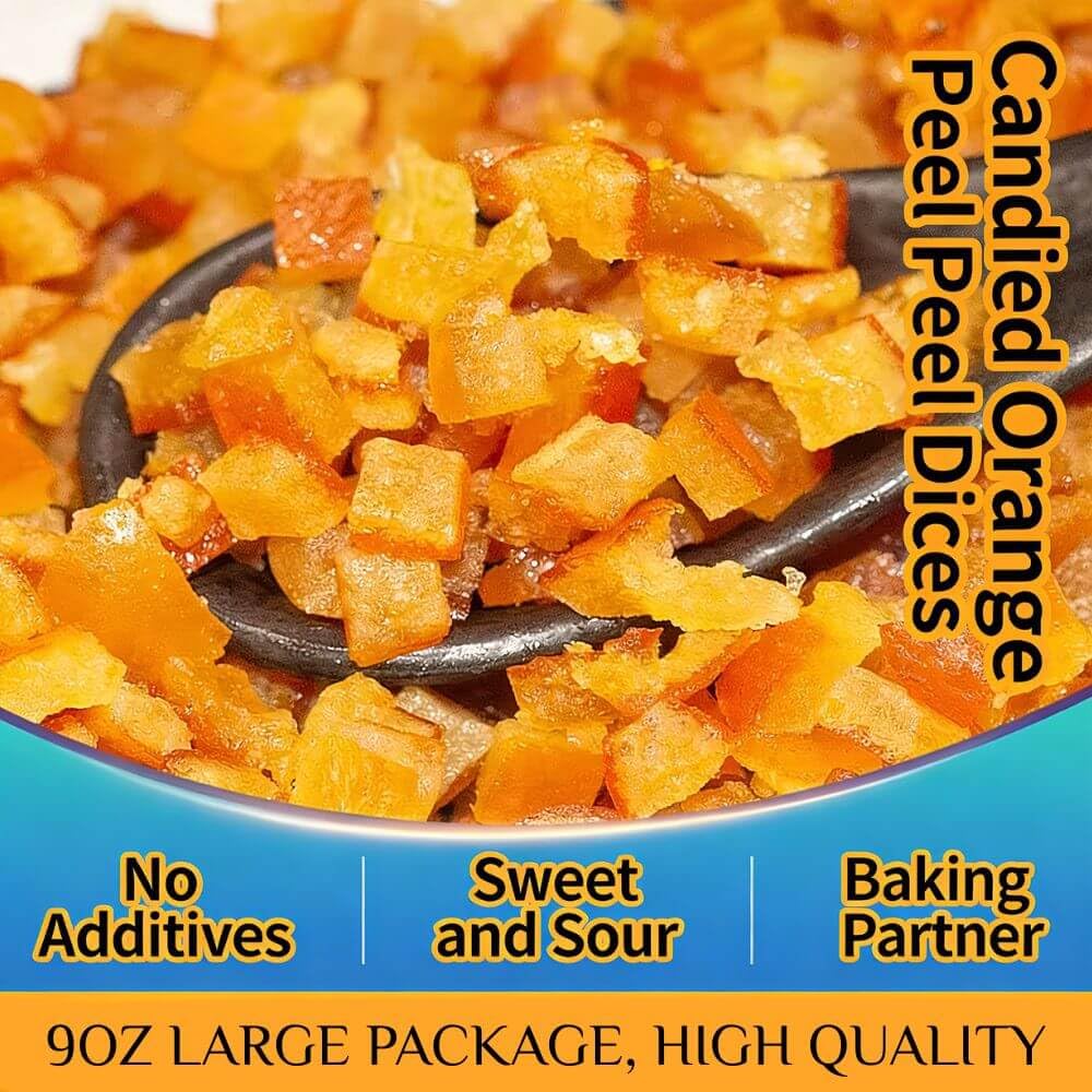 Candied Orange Peel Dices 9oz – Sweet & Zesty Citrus Bits for Baking, Bread, Cookies, Fruit Cake & Desserts – Ready-to-Use Orange Peel Cubes for Cooking, Garnish, Tea & Homemade Recipes