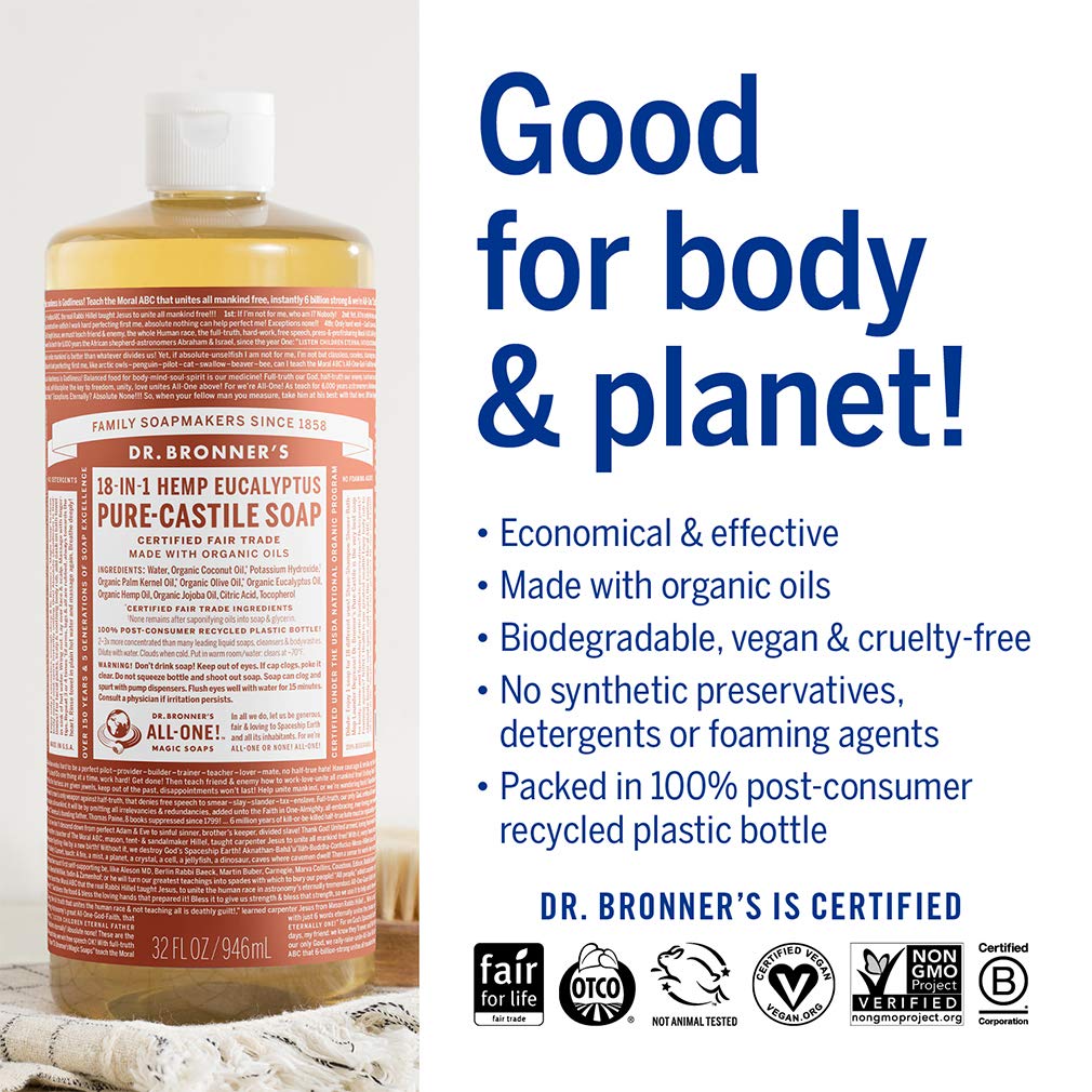 Dr. Bronner's Pure-Castile Liquid Soap – Eucalyptus Bundle. 32 oz. Bottle and 2 oz. Travel Bottle
