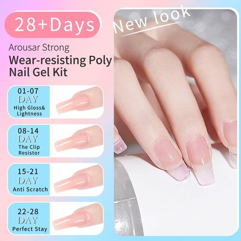 Arousar Poly Nail Gel Set, 8 Colors Pink Green Yellow Blue Clear Nail Extension Gel for Beginners Professional, Builder Nail Gel Mother's Day Spring Summer DIY Design Nail Art Salon at Home