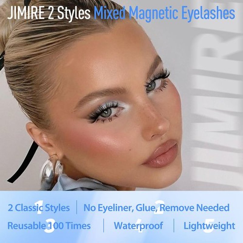 JIMIRE Magnetic Eyelashes Natural Look Cat Eye Wispy Magnetic Lashes with Applicator Reusable Magnetic Eyelashes No Glue Needed Magnetic Lashes 2 Styles Mix Clear Band Eyelashes All Day Comfort