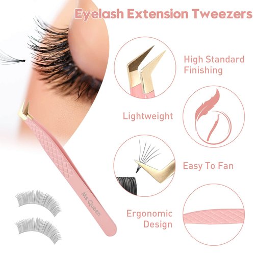 Ms.Queen Fiber Tip Lash Tweezers,Diamond Grip L-Shape Volume Boot Tweezers for Mega Volume Mink Lashes Make Fans
