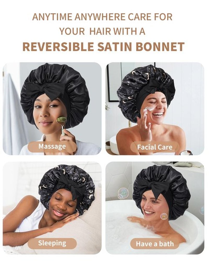 Satin Bonnet for Women Silk Bonnets for Sleeping Curly Hair Bonnet with Elastic Tie Band Reversible Double Layer Sleep Cap Hair Wrap (Black)