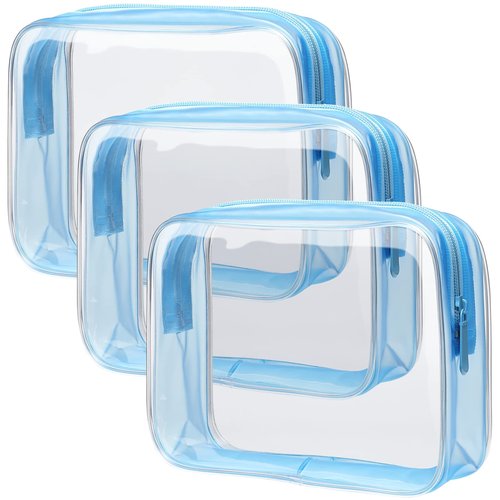 PACKISM Clear Toiletry Bag - 3 Pack TSA Approved Toiletry Bag Quart Size Bag, Travel Makeup Cosmetic Bag for Women, Carry on Airport Airline Compliant Bag, Blue