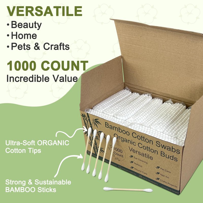 Meanhoo 1000 Count Bamboo Cotton Swabs – Sturdy Wooden Sticks for Makeup & Personal Care, Biodegradable Double-Tipped Cotton Buds – Gentle & Absorbent Applicator for Home & Travel (10 Packs of 100)