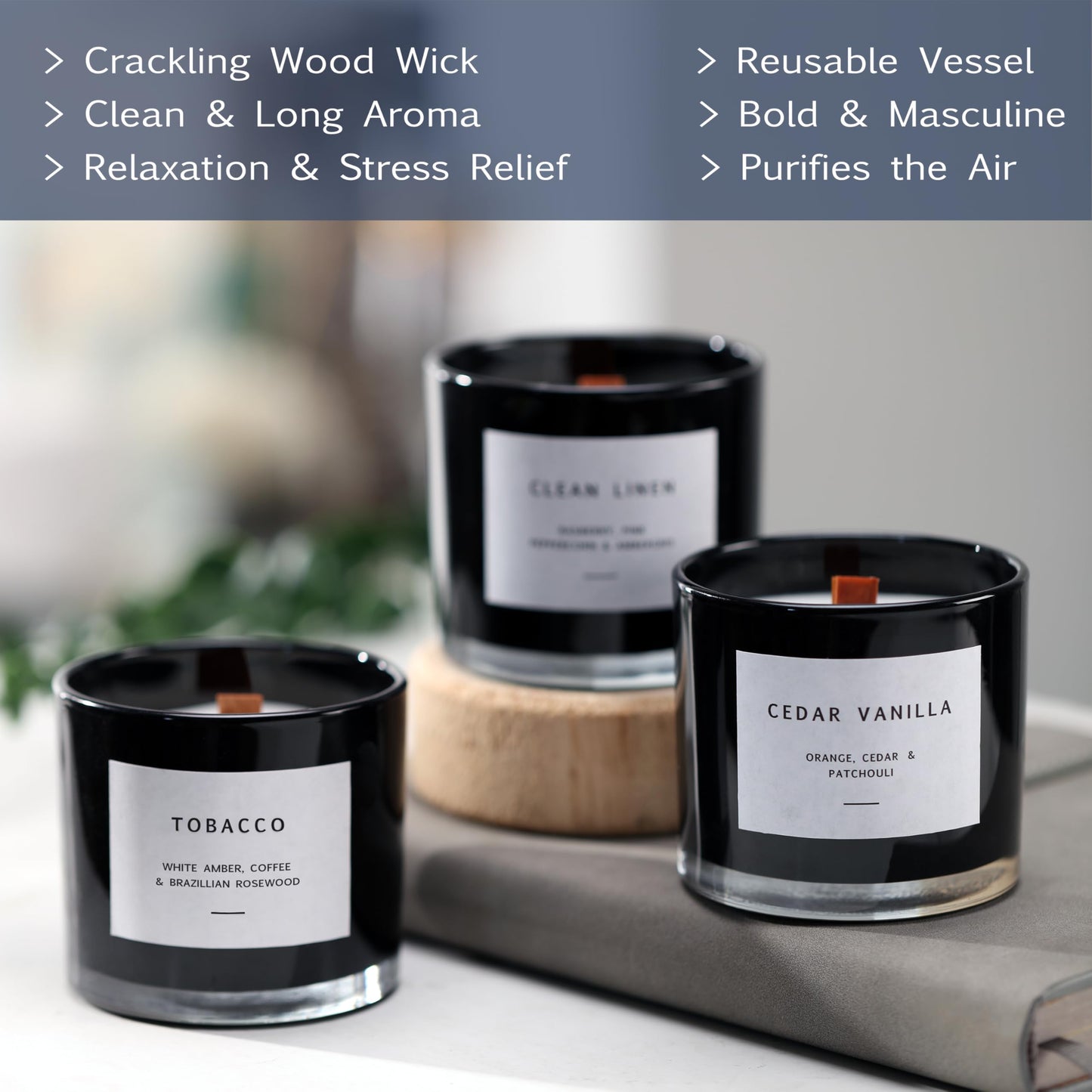 Scented Candles for Men – Masculine Candle Gift Set of 3 with Tobacco, Cedar Vanilla & Clean Linen – Luxury Navy Candles Gift Box, Birthday & Valentine’s Gifts for Men, Candles for Boyfriend