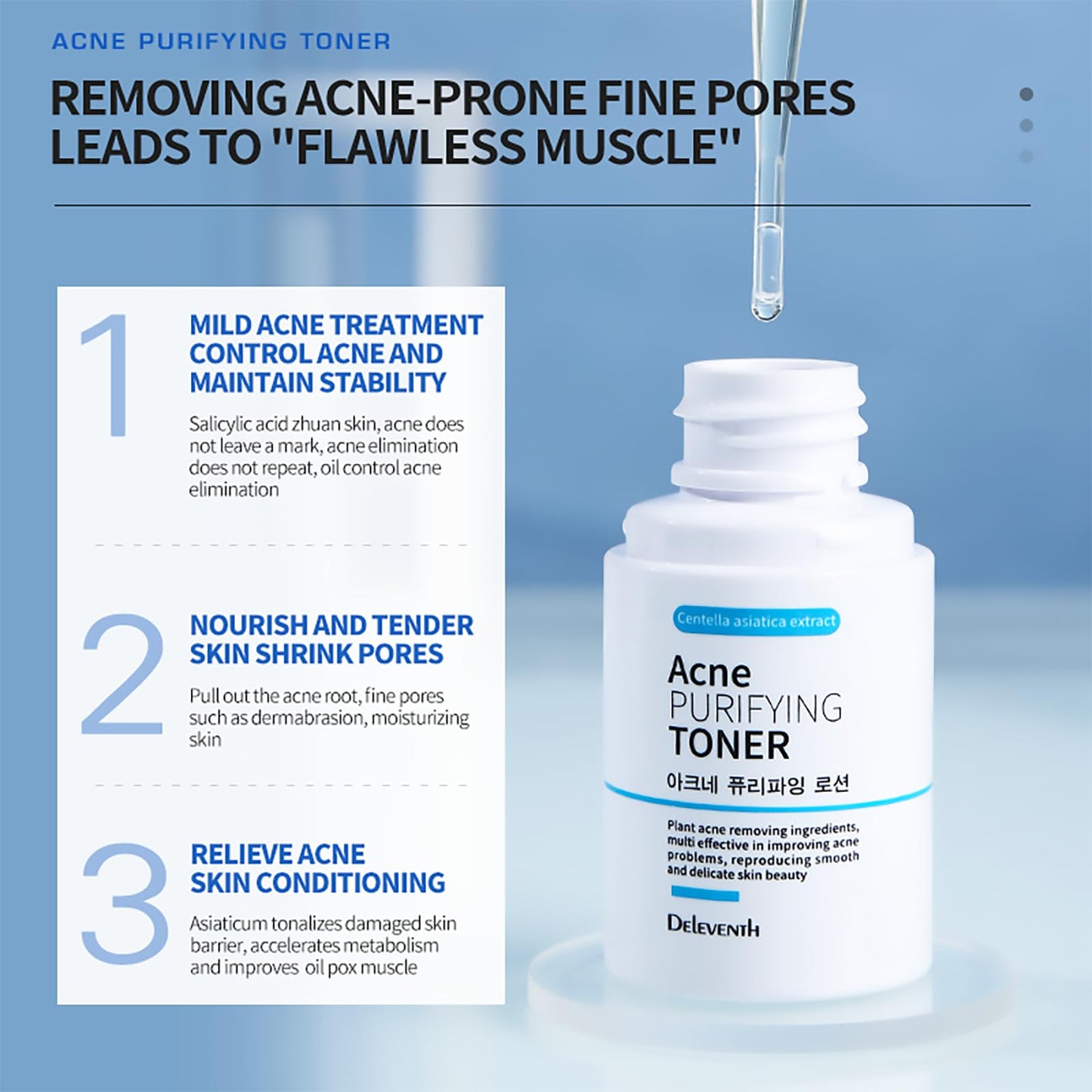 DEleventh Korean Brand Acne Purifying Toner 30ml / with Salicylic Acid and Botanical Extracts for Anti-Acne, Soothes, Unclogs Pores, Controls Oil and Maintain a Fresh, Blemish-Free Complexion