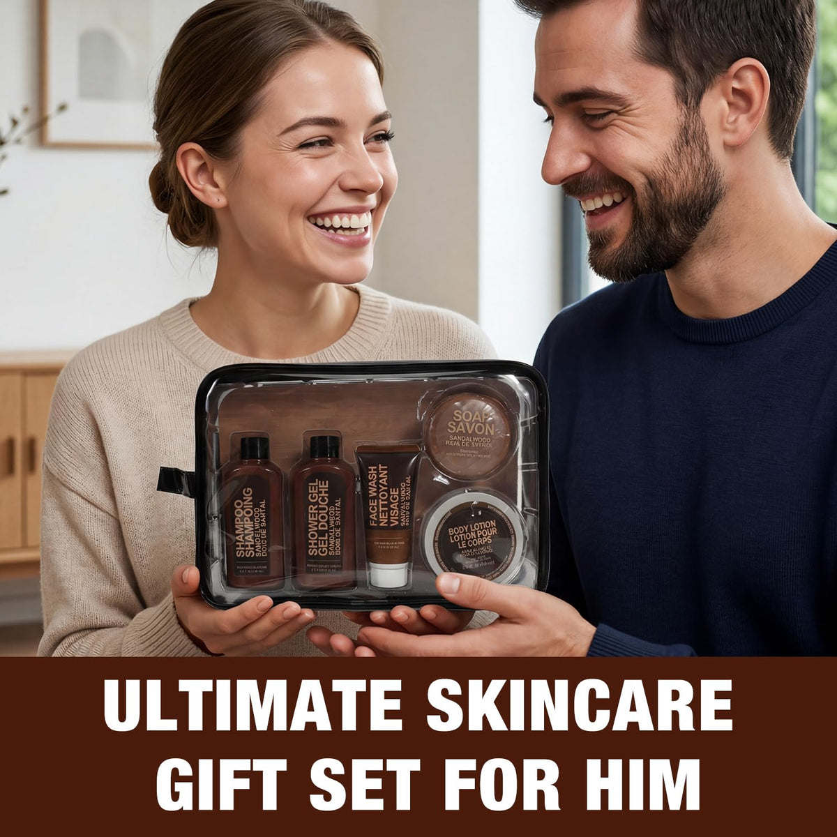 Gifts for Men 6pcs Sandalwood Gift Set Travel Size Toiletry with Shampoo, Body Lotion, Mens Gift Birthday Anniversary Gift Sets for Men, Christmas Self Care for Boyfriend Husband, Fathers Day Gifts