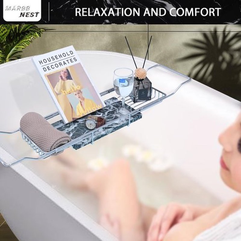 MARBBNEST Bathtub Tray Caddy for Luxury Bath Expandable Extra Wide Bath Tub Tray with Natural Marble Tray and Mobile/Tablet Stand, Ideal for Home Spa Lovers(Chrome + Large Flower Green)