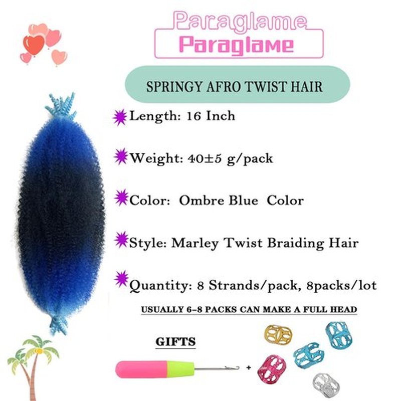 Afro Twist Hair 16 Inch Wrapping Hair for Soft Locs, Cuban Twist Hair 8 Packs Ombre Blue Marley Twist Braiding Hair Afro Twist Hair for Women, Kinky Twist Hair for Braiding (8Packs, Ombre Blue)