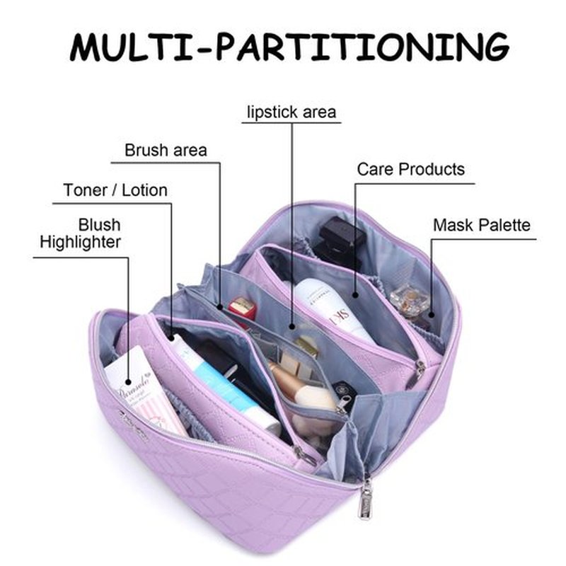 Travel Makeup Bags Cosmetic Organizer Bag: 3-Set Large Capacity Make up Bag - PU Leather Toiletry Bag for Women - Wide Open Portable Pouch with Divider & Handle (07-Purple-1)