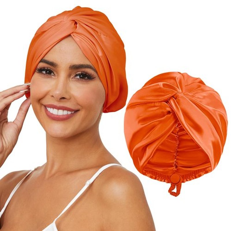 HFRHTGY Adjustable Silk Satin Hair Bonnet for Sleeping, Double Layer Hair Wrap Sleep Cap Turban for Women Men, Curly Straight Hair Long Large Braid Unisex (Tangerine Orange 58)