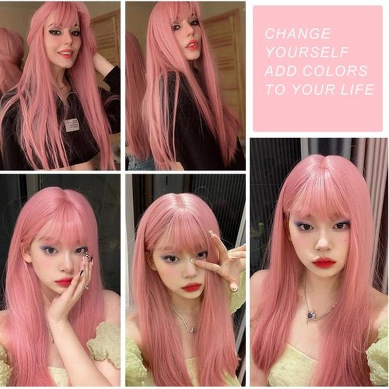 Amarlis Long Pink Wigs for Women, 24 Inch Pink Hair Wig with Bangs Natural Silky Soft Synthetic Heat Resistant Fiber Wigs Hair for Daily Party Use(24 In, Pink)