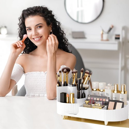 Rotating Makeup Organizer for Vanity with Brush Holder, Cosmetic Makeup Storage Organizer, Large Spinning Makeup Skincare Organizer, Countertop Makeup Perfume Organizer, Lotions Display Case (White)