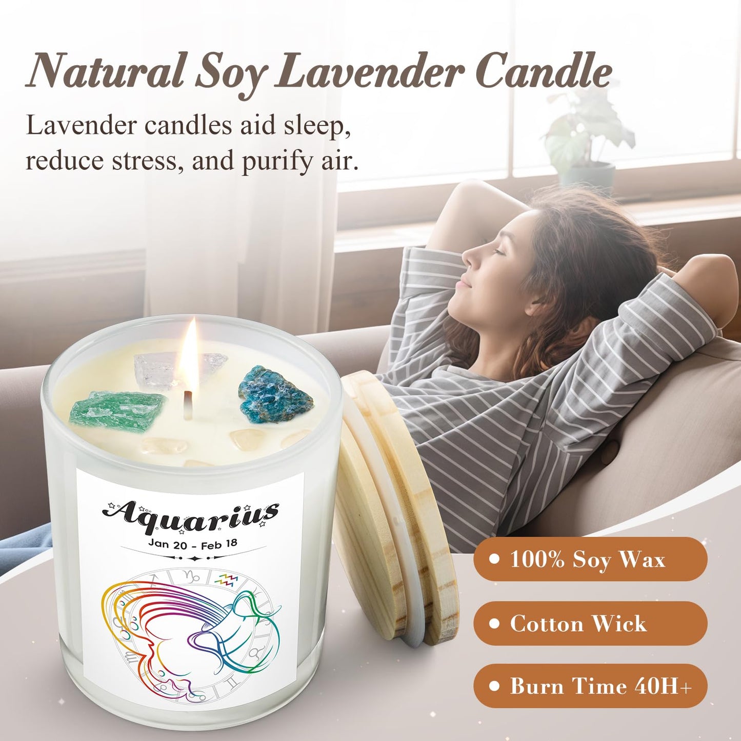 Aquarius Gifts for Women, Zodiac Aquarius Candle with Healing Crystals, Astrology Birthday Gifts for Women, Mom, Sister, Friends, Meditation, Yoga, Relaxation (7oz)