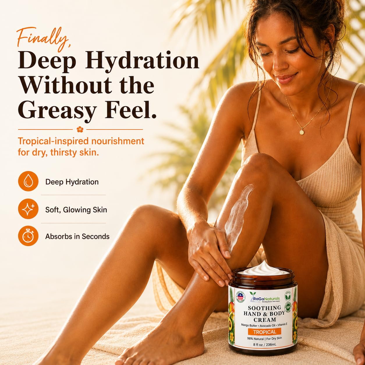 RaGaNaturals Tropical Hand and Body Cream for Dry Skin - Key Notes of Mango Grapefruit Scent - 98% Natural, Vegan, Non Greasy Lotion with Mango Butter, Vitamin E & Avocado Oil for Women and Men - 8 oz