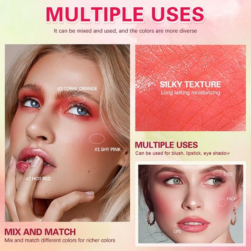 Multi-Purpose Makeup Blush Stick, 3-in-1 Beauty Tinted Solid Blush Stick For Cheeks, Lips And Eyes With Long-Lasting Moisturizing Formula, Waterproof Natural Cream Blush Stick (3#Coral Orange)