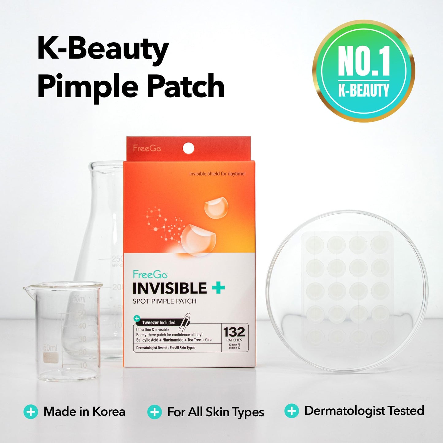 FreeGo Invisible+ Hydrocolloid Spot Pimple Patches for Face, Large Patches for Breakouts, Zit, Blemish Spot, Facial Stickers, Korean Pimple Patches (132 Counts)
