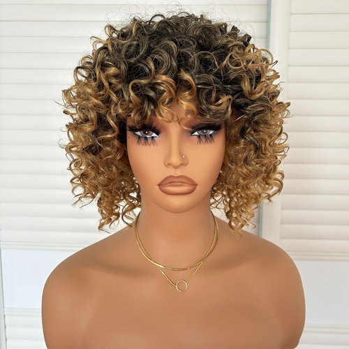 Short Loose Curly Afro Wigs 8 Inch Ombre Blonde Big Bouncy Kinky Curly Bob Wig with Bangs for Women Synthetic Heat Resistant Full Hair Wig