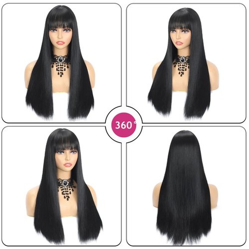 Amarlis Black Wigs for Women, Long Straight Natural Black Wig with Bangs Soft Synthetic Heat Resistant Fiber Wig for Cosplay Daily(24 In, Black)