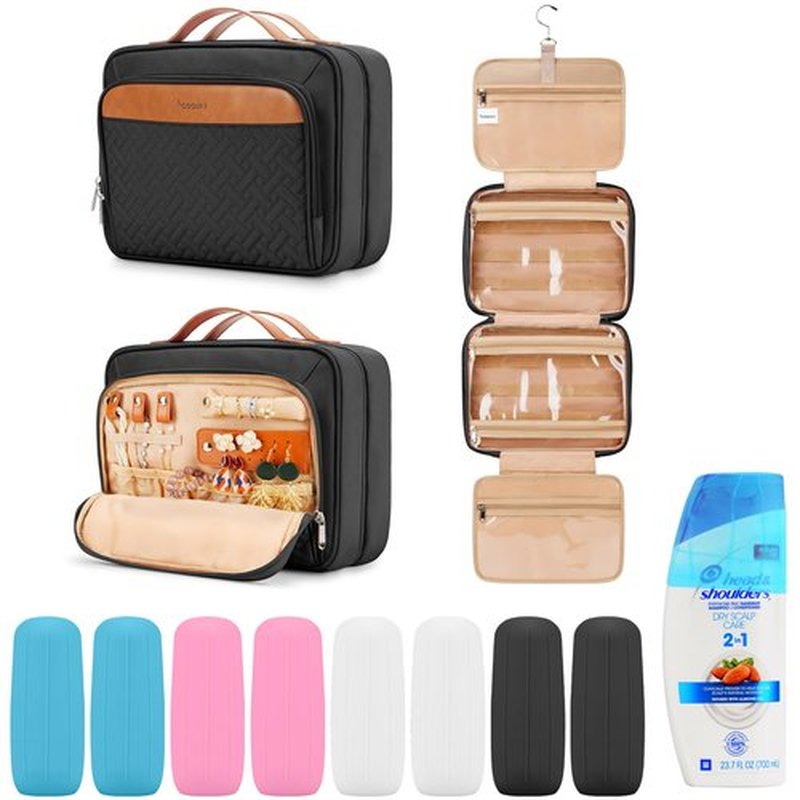COOSKY Travel Hanging Toiletry Bag for Women, Cruise Ship Essentials, with Jewelry Organizer, Medium Makeup Dopp Kit, Waterproof Cosmetic Bags, Toiletries Kit Set Accessories with Trolley Belt, Black