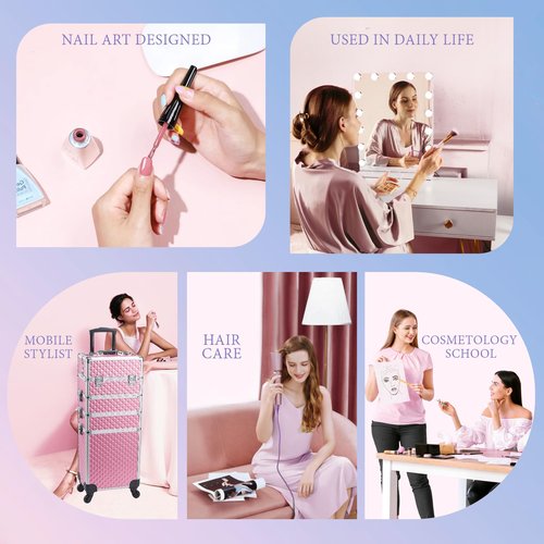 Stagiant Rolling Makeup Train Case Large Storage Cosmetic Trolley 4 in 1 Large Capacity Trolley Makeup Travel Case with Key Swivel Wheels Salon Barber Case Traveling Cart Trunk - Pink