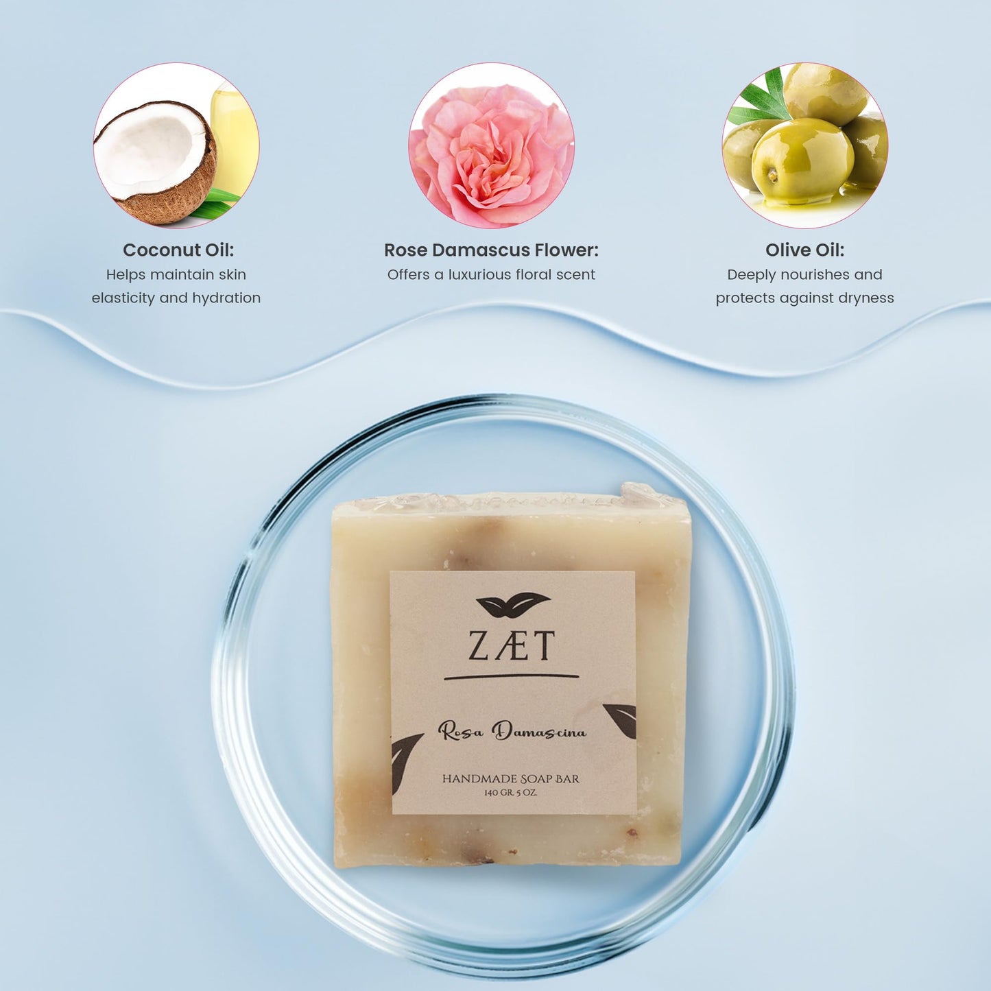 ZÆT 2-Pack Rose Damascene Bar Soap – Natural Rose Extract with Olive Oil and Coconut Oil - Handmade Soap Bar for Face and Body - Gently Cleanses and Hydrates All Skin Types- For Men and Women