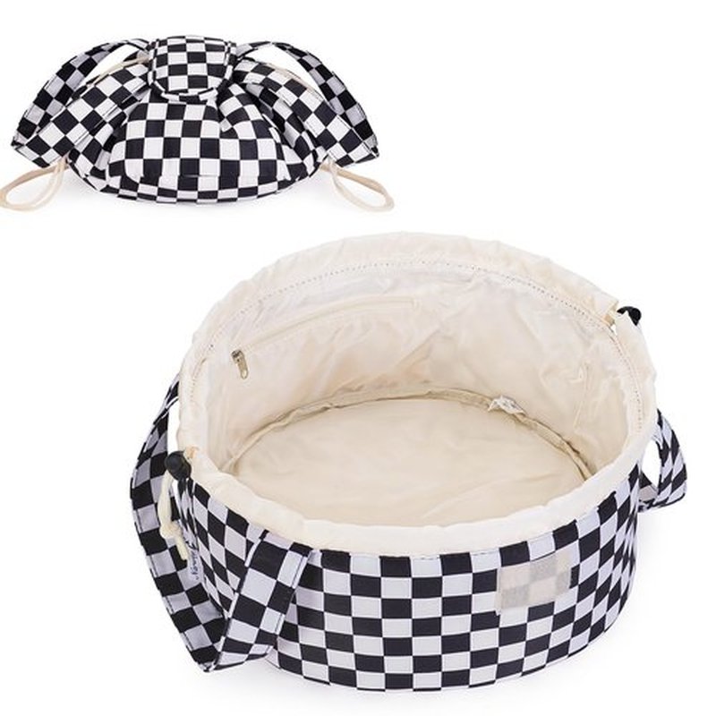 Barrel Drawstring Checkered Makeup Bag Large Cosmetic Bag Make up Bags Toiletry Organizer for Women (Black Checkerboard) (Patent)