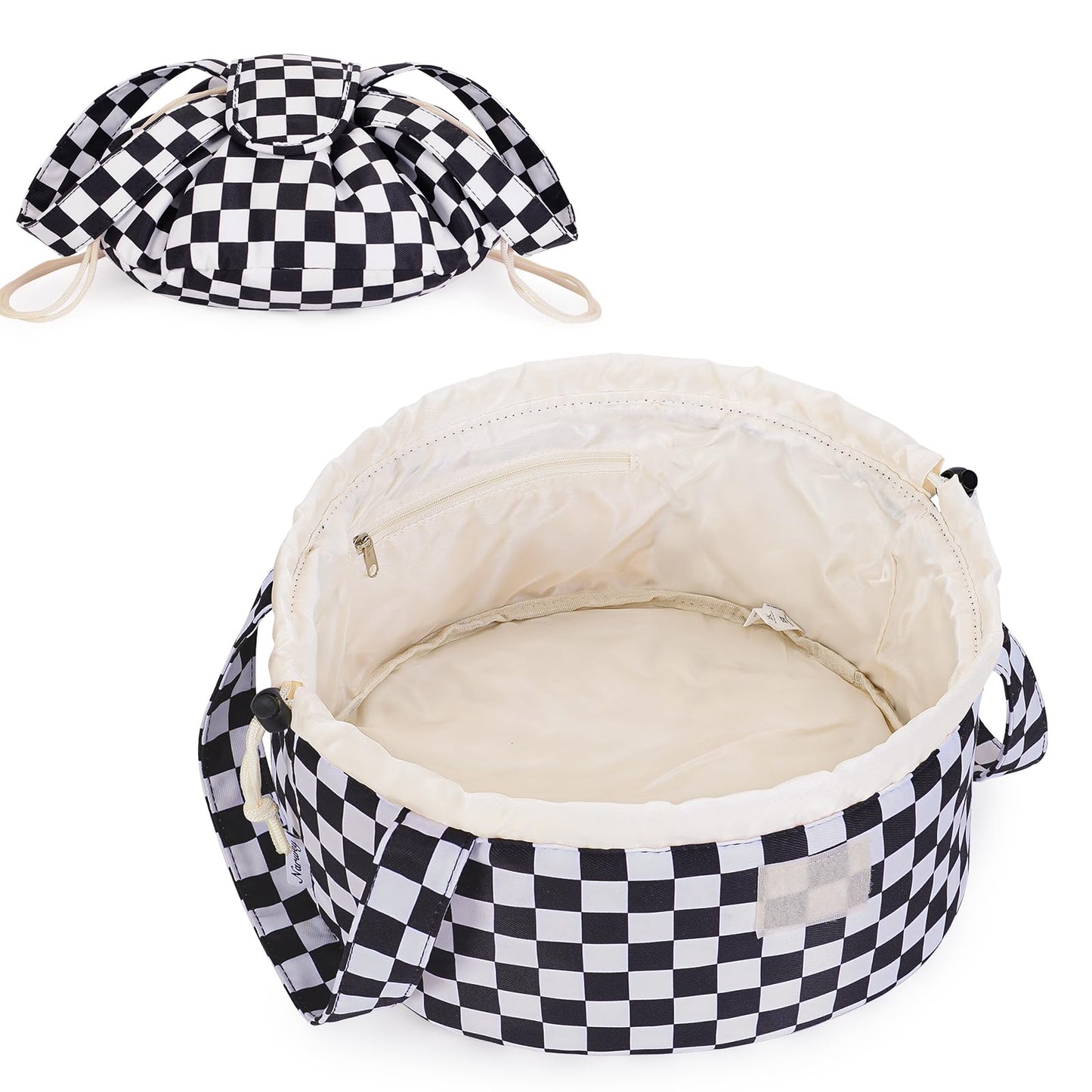 Narwey Barrel Drawstring Checkered Makeup Bag Large Cosmetic Bag Make up Bags Toiletry Bag Travel Bags for Toiletries Organizer for Women Gift for Teen Girls (Black Checkerboard) (Patent)