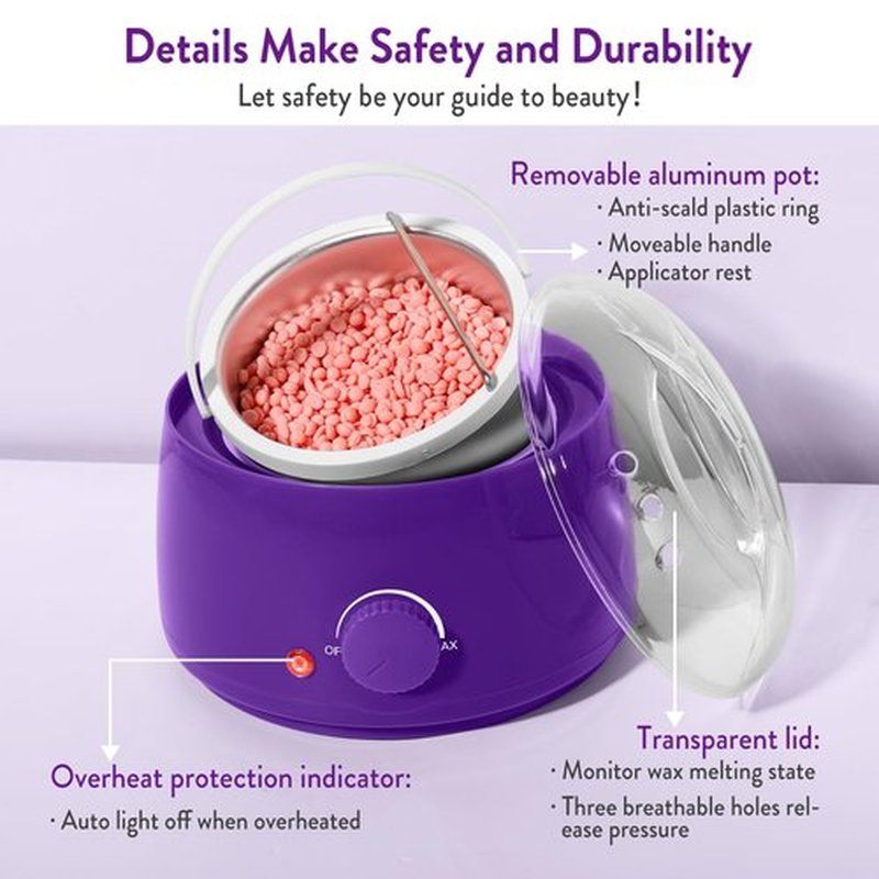 Professional Portable Wax Warmer Machine: Melts Hard Wax Beads for Body Face Hair Removal - with 14oz Wax Pot Adjustable Temperature Clear Lid (Purple)