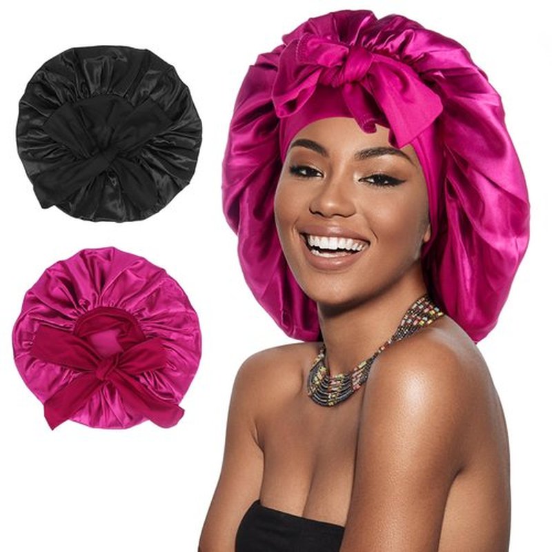 Arqumi Pack of 2 Satin Sleeping Bonnet, Large Satin Sleep Bonnet with Long Strap, Adjustable Sleep Cap Hair Bonnet for Women & Men, Black+Rosy