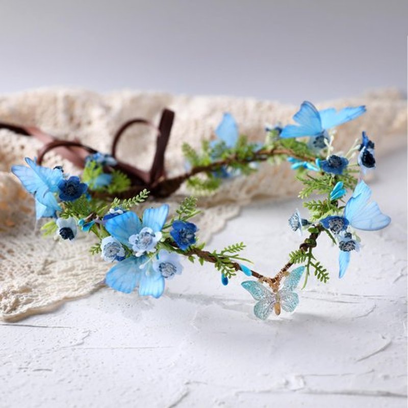 MOSTORY Blue Butterfly Flower Crown - Handmade Fairy Headpiece Floral Tiara Spring Woodland Circlet for Women Girls Wedding Renaissance Cosplay Party Festival