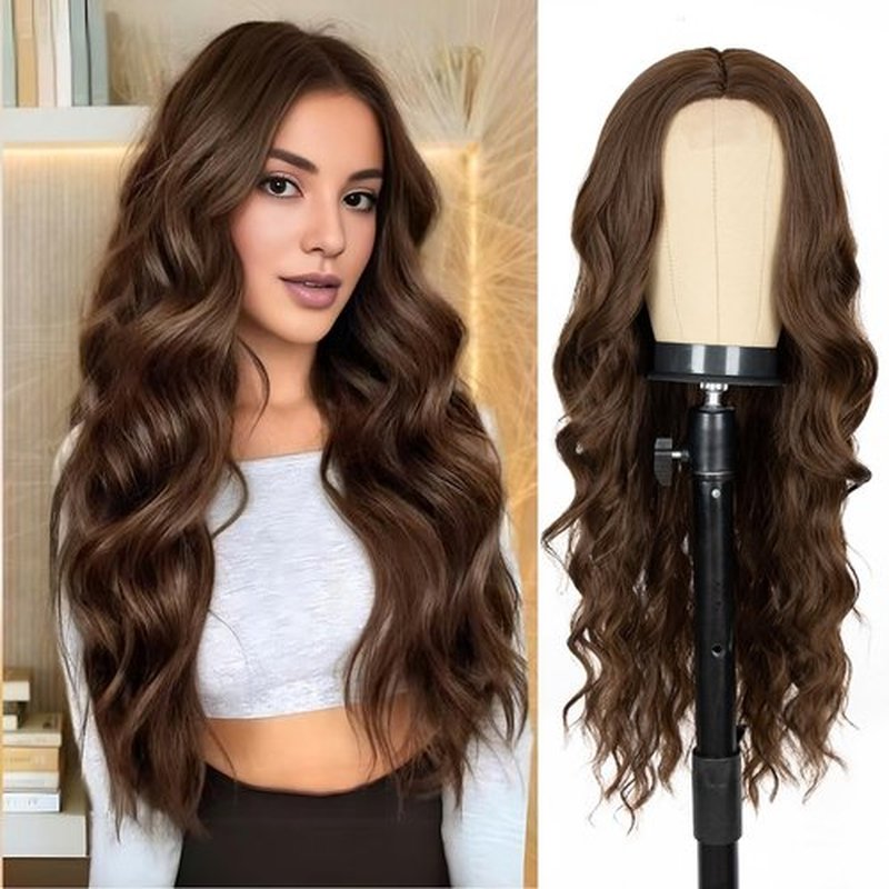 Long Dark Brown Wig for Women 26 Inch Middle Part Wavy Women Charming Wigs Realistic Natural Looking Synthetic Heat Resistant Fiber Wig for Daily Party Use