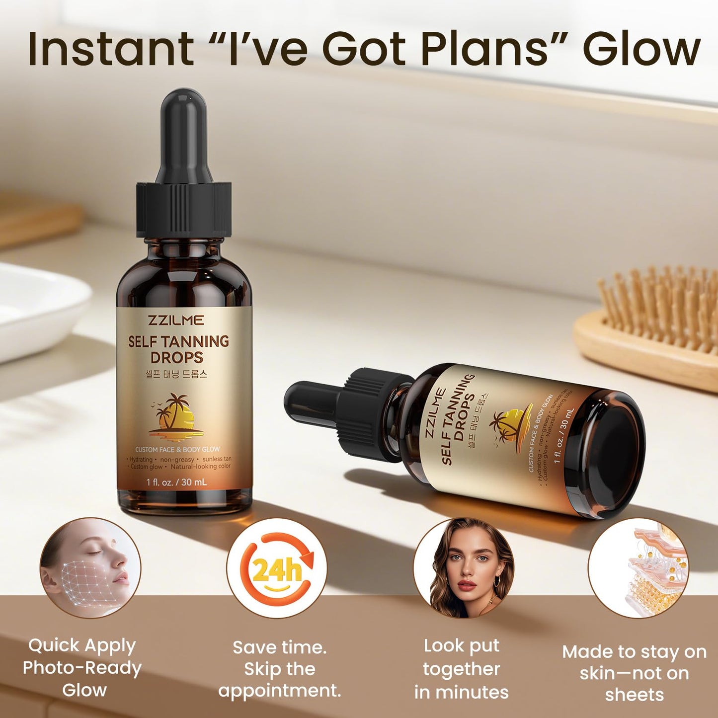 ZZILME Sunless Self Tanning Drops for Face & Body, Customizable Gradual Glow with Niacinamide, Vitamin C & Hyaluronic Acid, Bronzing Serum Drops, 0.91 fl oz