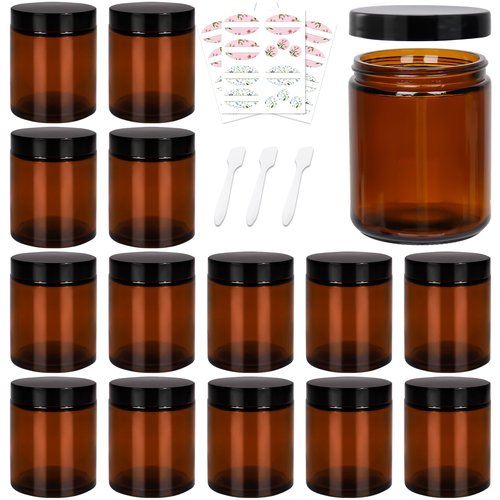 Keketin 8 oz Amber Glass Jars,16 Pack Empty Cosmetic Containers with Inner Liners and Black Lids,Refillable Round Cream Jars for Lotion,Ointments,Bath Salts,Makeup,Slime and Travel