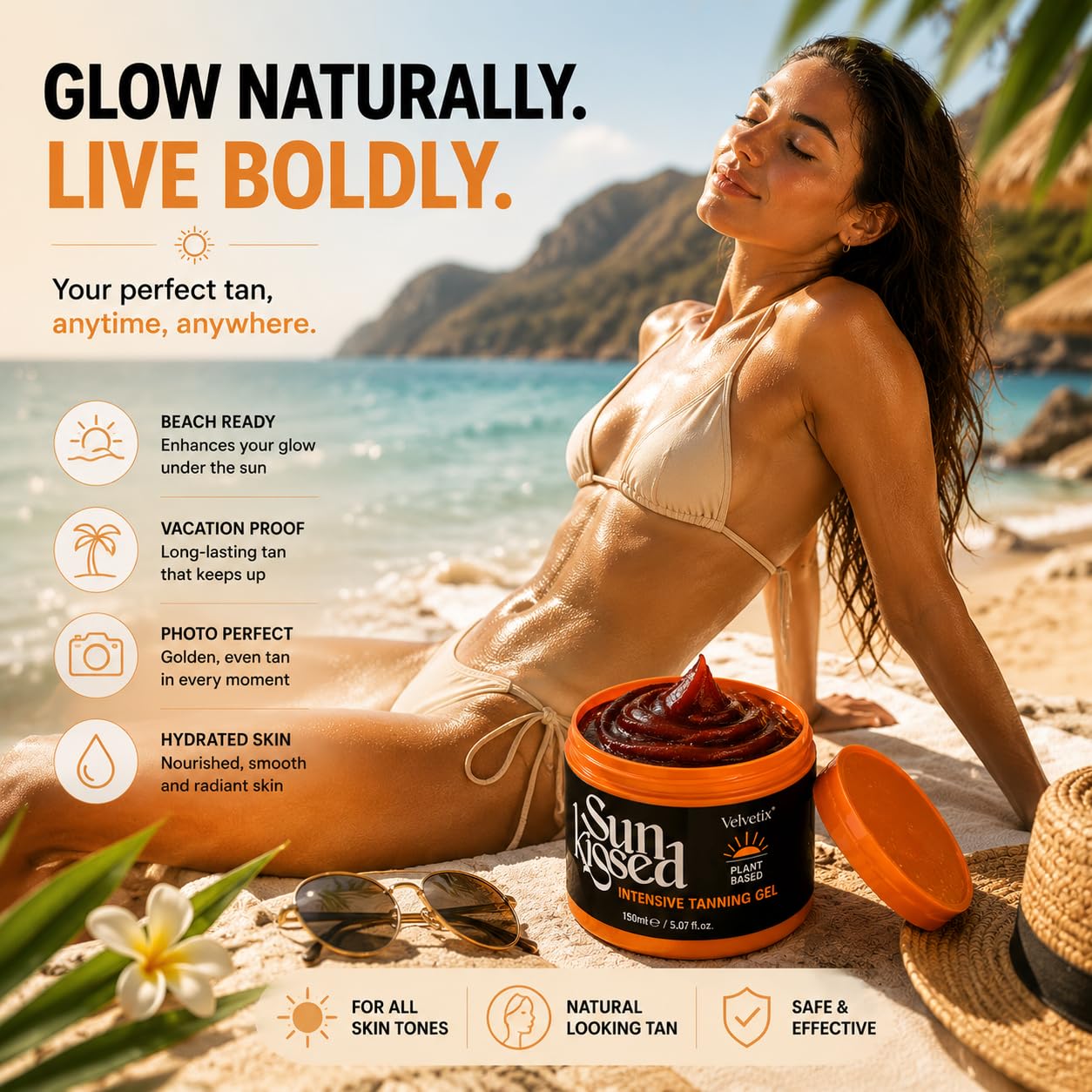 Velvetix Intensive Tanning Gel for Outdoor Sun, Fast Tanning Accelerator with Carrot Oil & Coconut Oil, Quick-Dry & Non-Greasy Sun Tanning Butter, Streak-Free Natural Bronze Glow, Vegan, 5 oz