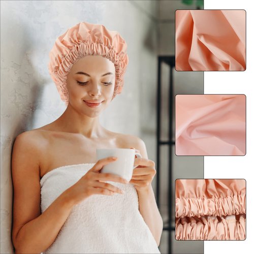 Reusable Shower Cap for Women, Large Waterproof Shower Bonnet Washable Elastic Band Bath Hair Hat for Long Hair, Braids(Orange)