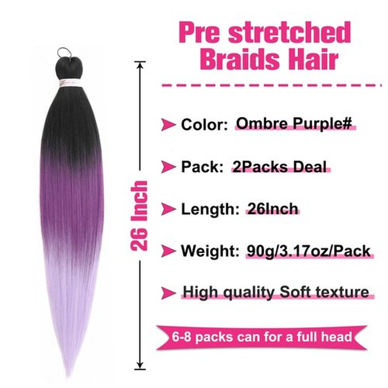 Unionbeauty 26 Inch Black to Purple Ombre Braiding 2Packs Pre Stretched Crochet Braid Easy Braid Hair Extensions Synthetic Braiding Hair for Box Goddess Braids Yaki Texture Hot Water Setting