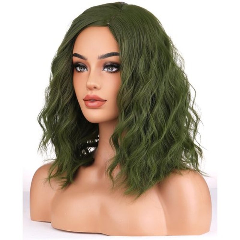 BERON Green Wigs for Women Short Curly Bob Wavy Wig Girls Olive Color Body 14'' Heat Resistant Synthetic Hair Wig Cosplay Daily Party Wigs