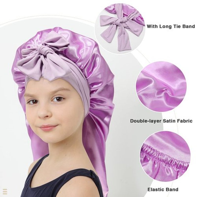 Kids Long Hair Bonnet for Sleeping - Double Layer Girls Elastic Satin Bonnet with Tie Band for Braid Curly Hair (Little Purple)