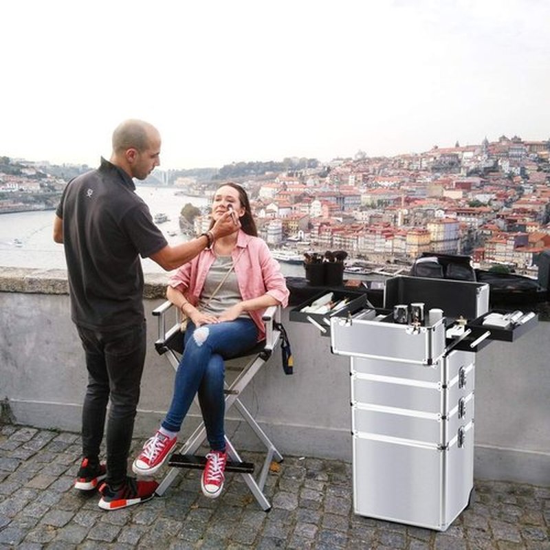 OUDMAY Makeup Rolling Train Case 4-in-1 Professional Artist Trolley Cosmetic Organizer with 2 Wheels Durable Aluminum Frame Folding Trays and Locks Silver