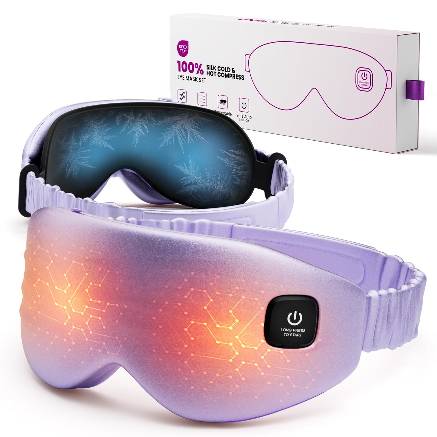 100% Silk Wireless Heated Eye Mask with Cooling, Relieves Dry Eye Syndrome and Puffy, Reduces Dark Circles, Adjustable Velcro Design and Washable Cover, Suitable for Travel & Gifts-Purple.