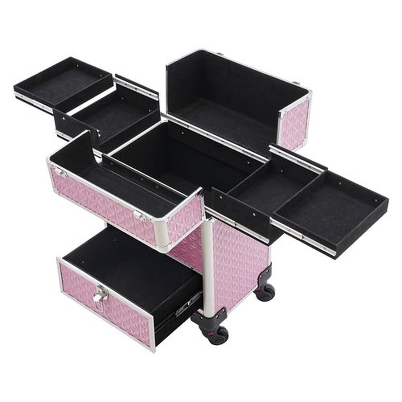 Rolling Nail Case Wheeled Manicure Storage Case, Professional Cosmetology Case, Large Cosmetic Trolley Travelling Cart Trunk with Locks and Drawers, Makeup Case with 4 Universal Wheels (Pink)