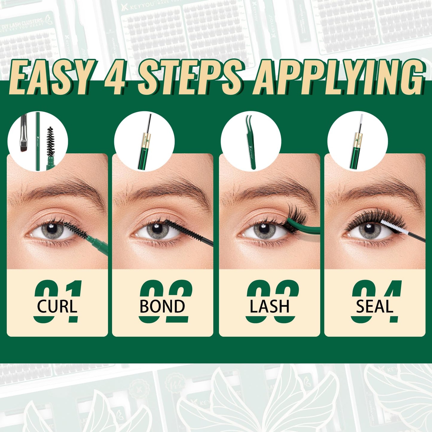 KEYYOU Lash Extension Kit 144pcs Thick Super Soft Lash Clusters with Lash Bond and Seal Lash Glue Remover Lash Applicator and Lash Brush Easy to DIY at Home（PC02-D-10-18MIX）
