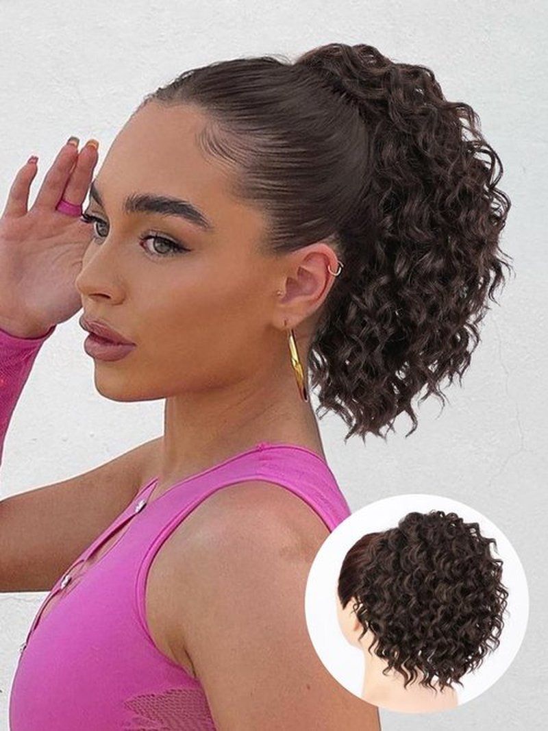 SUZYACCKR Wavy Curly Ponytail Extension, 8 Inch Dark Brown Short Soft Natural Synthetic Hairpiece Thick Drawstring Ponytail for Black Women For Daily Use