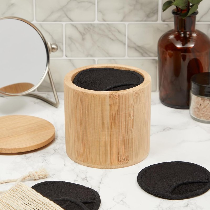 Reusable Cotton Rounds - 18 Pack for Makeup Removal | Bamboo Holder & Mesh Storage Bag (Black)